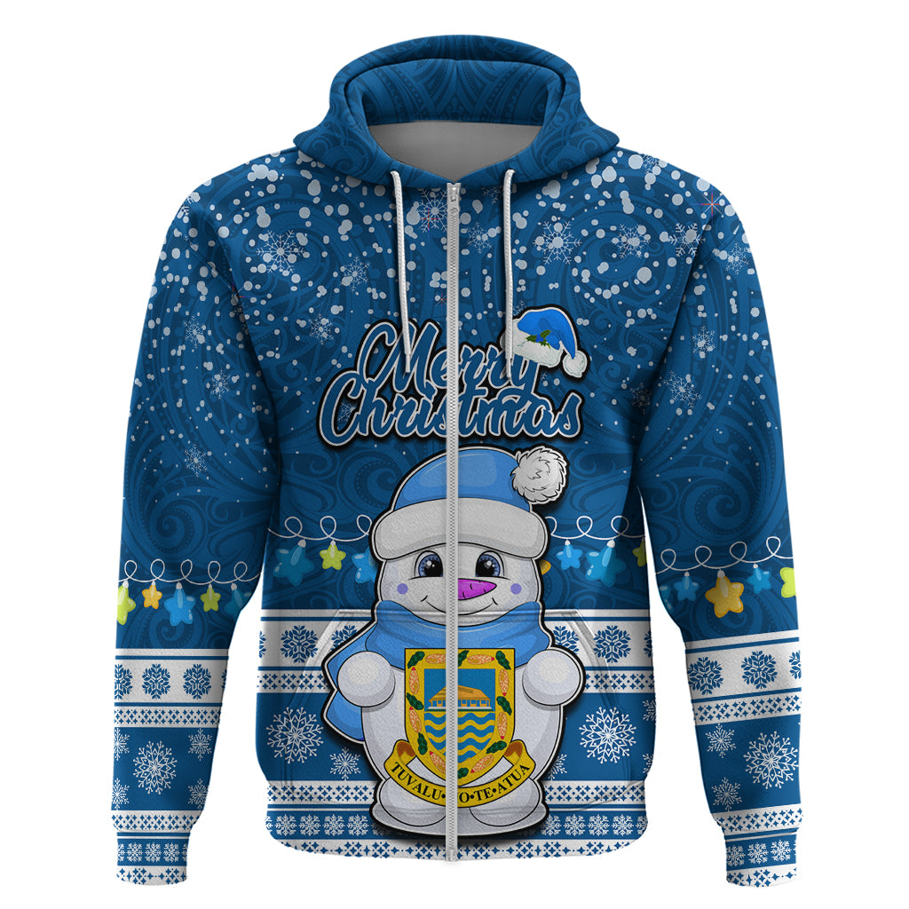 Personalised Tuvalu Christmas Hoodie Snowman Hugs Tuvalu Coat of Arms Maori Pattern Blue Style LT03 - Polynesian Pride