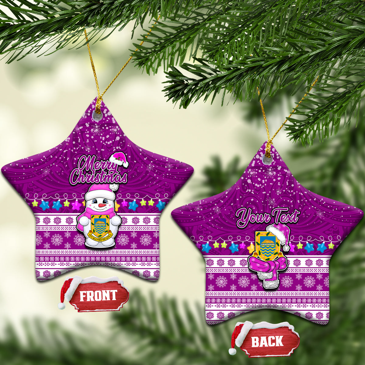 Personalised Tuvalu Christmas Ceramic Ornament Snowman Hugs Tuvalu Coat of Arms Maori Pattern Pink Style LT03 Star Pink - Polynesian Pride