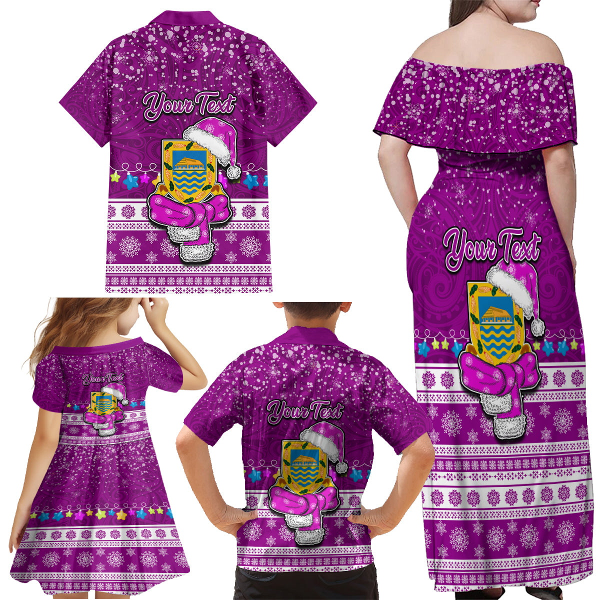 Personalised Tuvalu Christmas Family Matching Off Shoulder Maxi Dress and Hawaiian Shirt Snowman Hugs Tuvalu Coat of Arms Maori Pattern Pink Style LT03 - Polynesian Pride