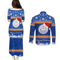 Marshall Islands Christmas Couples Matching Puletasi Dress and Long Sleeve Button Shirt Santa Claus and Coat of Arms Mix Polynesian Xmas Style LT03 - Polynesian Pride