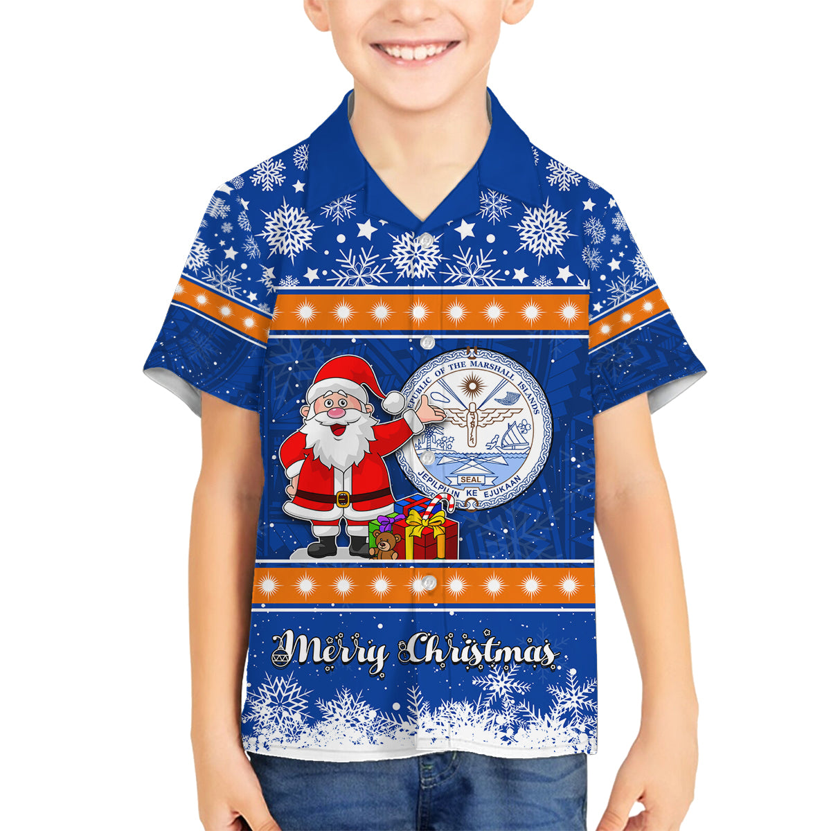 Marshall Islands Christmas Family Matching Off Shoulder Short Dress and Hawaiian Shirt Santa Claus and Coat of Arms Mix Polynesian Xmas Style LT03 Son's Shirt Blue - Polynesian Pride