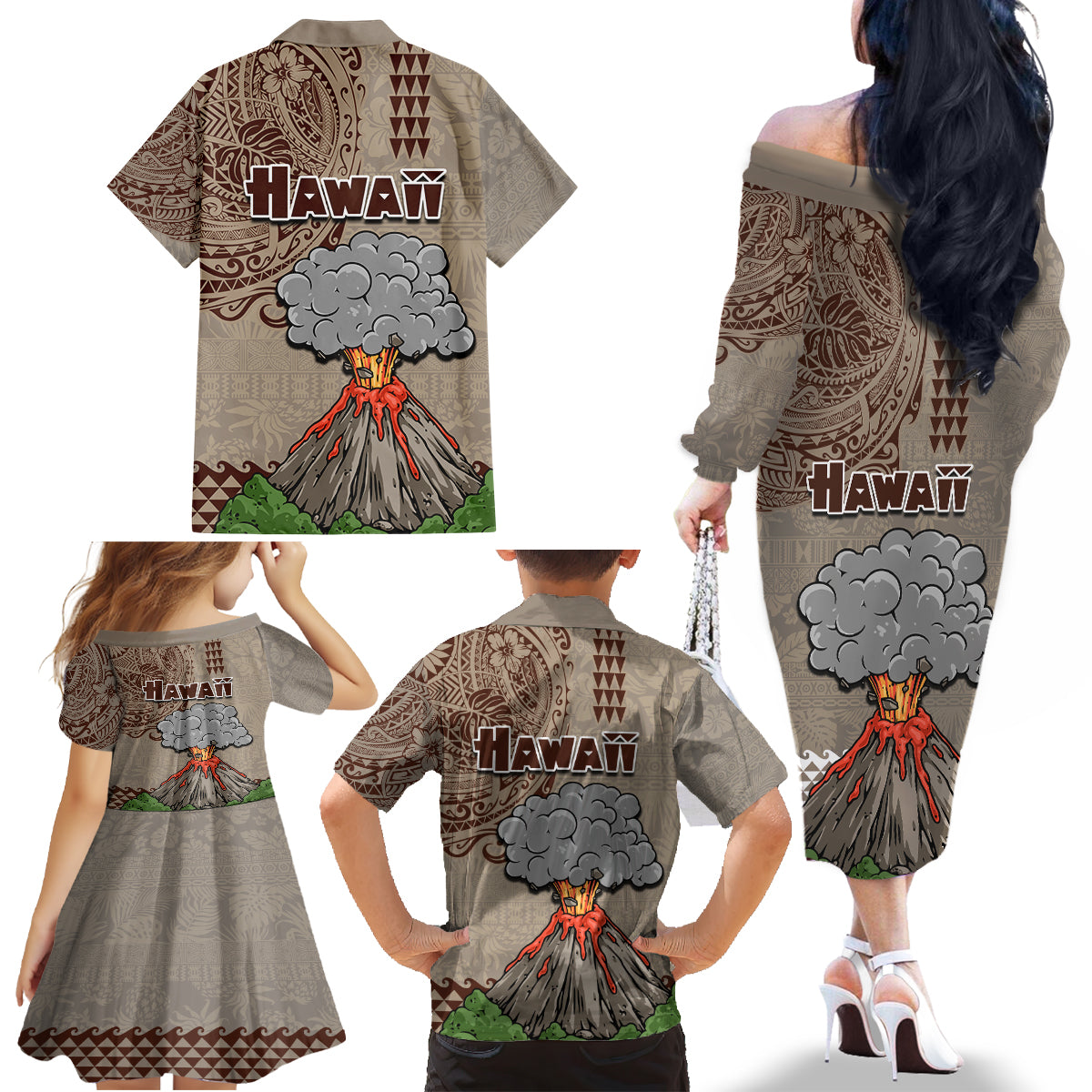 Hawaii Family Matching Off Shoulder Long Sleeve Dress and Hawaiian Shirt Aloha Volcano Mix Kakau Hawaiian Tribal LT03 - Polynesian Pride