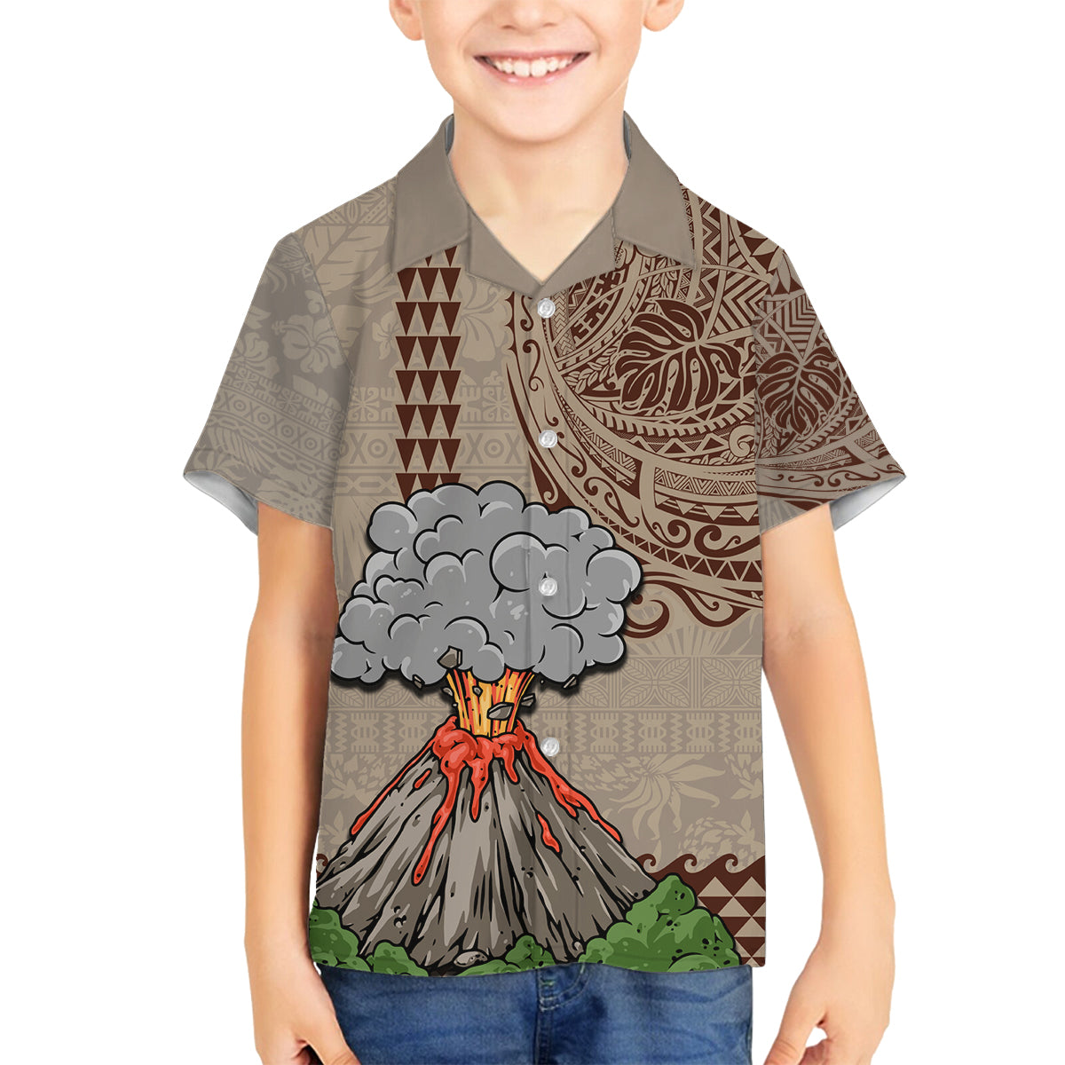Hawaii Family Matching Off Shoulder Long Sleeve Dress and Hawaiian Shirt Aloha Volcano Mix Kakau Hawaiian Tribal LT03 Son's Shirt Beige - Polynesian Pride