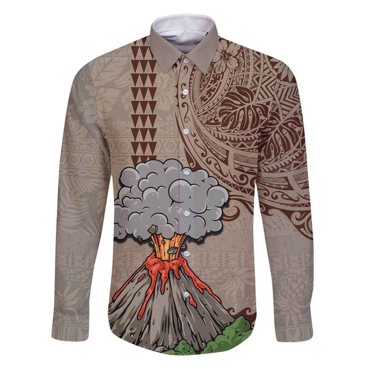 Hawaii Family Matching Off Shoulder Maxi Dress and Hawaiian Shirt Aloha Volcano Mix Kakau Hawaiian Tribal LT03 Dad's Shirt - Long Sleeve Beige - Polynesian Pride