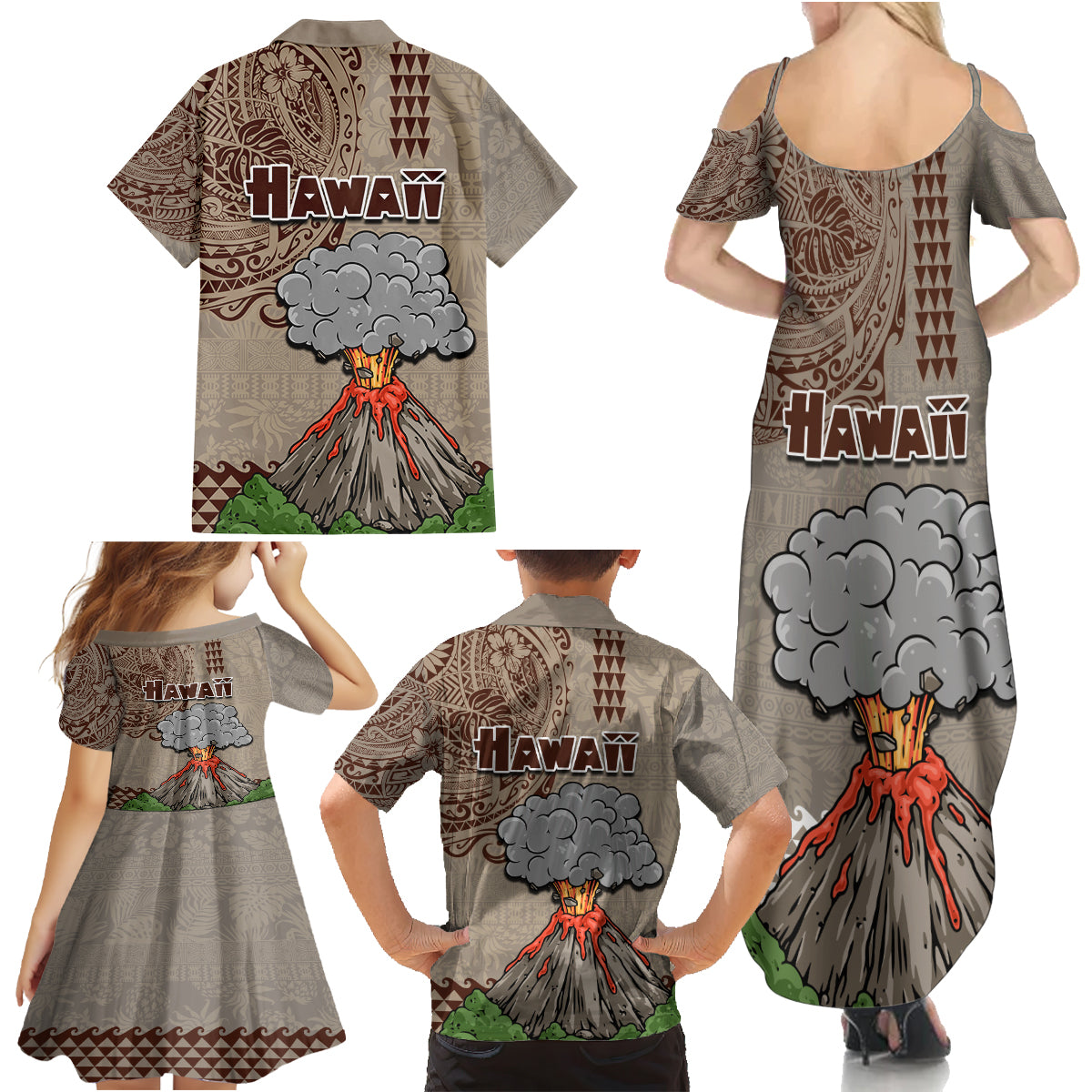 Hawaii Family Matching Summer Maxi Dress and Hawaiian Shirt Aloha Volcano Mix Kakau Hawaiian Tribal LT03 - Polynesian Pride