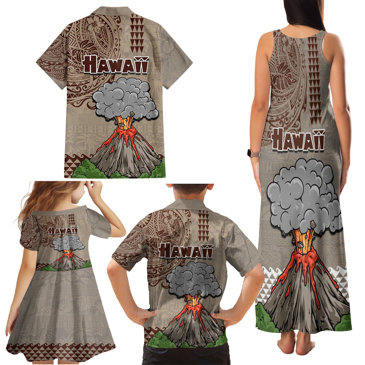 Hawaii Family Matching Tank Maxi Dress and Hawaiian Shirt Aloha Volcano Mix Kakau Hawaiian Tribal LT03 - Polynesian Pride
