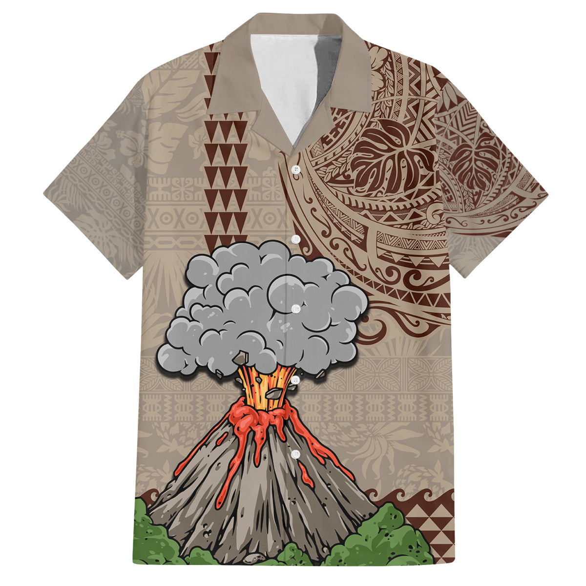 Hawaii Family Matching Tank Maxi Dress and Hawaiian Shirt Aloha Volcano Mix Kakau Hawaiian Tribal LT03 Dad's Shirt - Short Sleeve Beige - Polynesian Pride