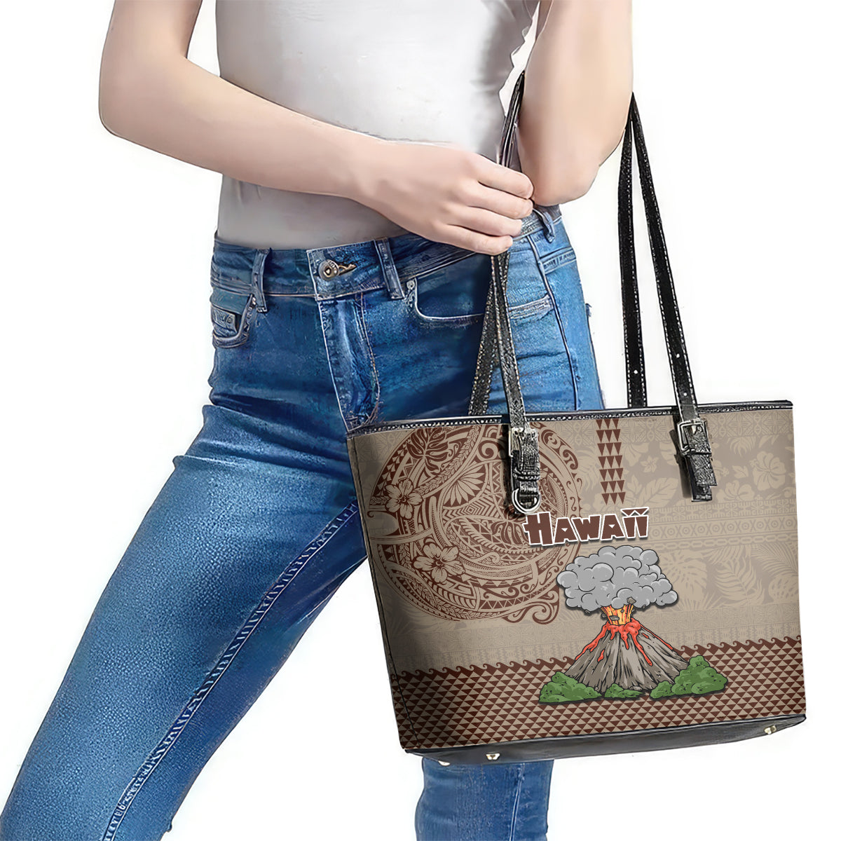 Hawaii Leather Tote Bag Aloha Volcano Mix Kakau Hawaiian Tribal LT03 - Polynesian Pride