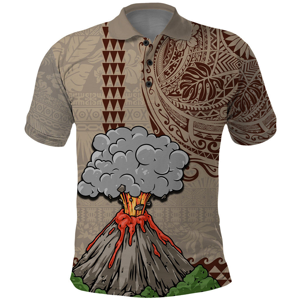 Hawaii Polo Shirt Aloha Volcano Mix Kakau Hawaiian Tribal LT03 Beige - Polynesian Pride