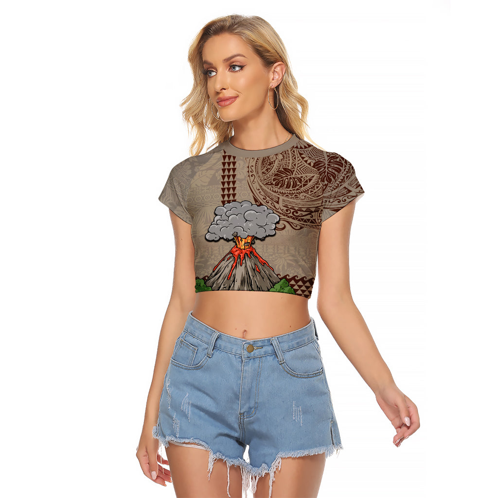 Hawaii Raglan Cropped T Shirt Aloha Volcano Mix Kakau Hawaiian Tribal LT03 Female Beige - Polynesian Pride