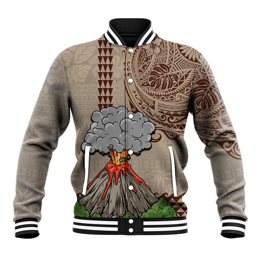Aloha Volcano Custom Baseball Jacket Mix Hawaiian Kakau Tribal LT03 Unisex Beige - Polynesian Pride