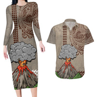 Aloha Volcano Custom Couples Matching Long Sleeve Bodycon Dress and Hawaiian Shirt Mix Hawaiian Kakau Tribal LT03 Beige - Polynesian Pride