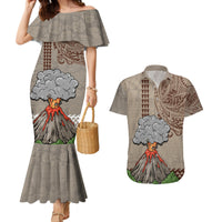 Aloha Volcano Custom Couples Matching Mermaid Dress and Hawaiian Shirt Mix Hawaiian Kakau Tribal LT03 Beige - Polynesian Pride