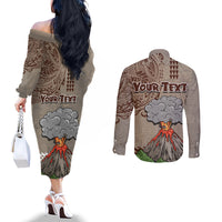 Aloha Volcano Custom Couples Matching Off The Shoulder Long Sleeve Dress and Long Sleeve Button Shirt Mix Hawaiian Kakau Tribal LT03 - Polynesian Pride