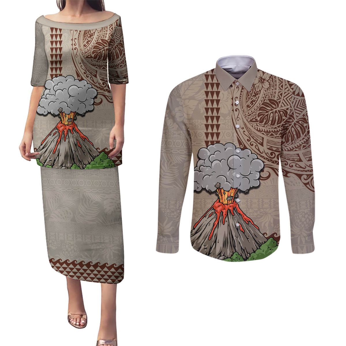 Aloha Volcano Custom Couples Matching Puletasi Dress and Long Sleeve Button Shirt Mix Hawaiian Kakau Tribal LT03 Beige - Polynesian Pride