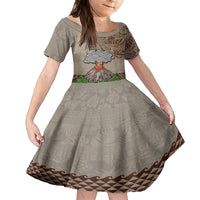 Aloha Volcano Custom Family Matching Long Sleeve Bodycon Dress and Hawaiian Shirt Mix Hawaiian Kakau Tribal LT03 Daughter's Dress Beige - Polynesian Pride