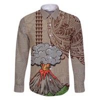 Aloha Volcano Custom Family Matching Long Sleeve Bodycon Dress and Hawaiian Shirt Mix Hawaiian Kakau Tribal LT03 Dad's Shirt - Long Sleeve Beige - Polynesian Pride