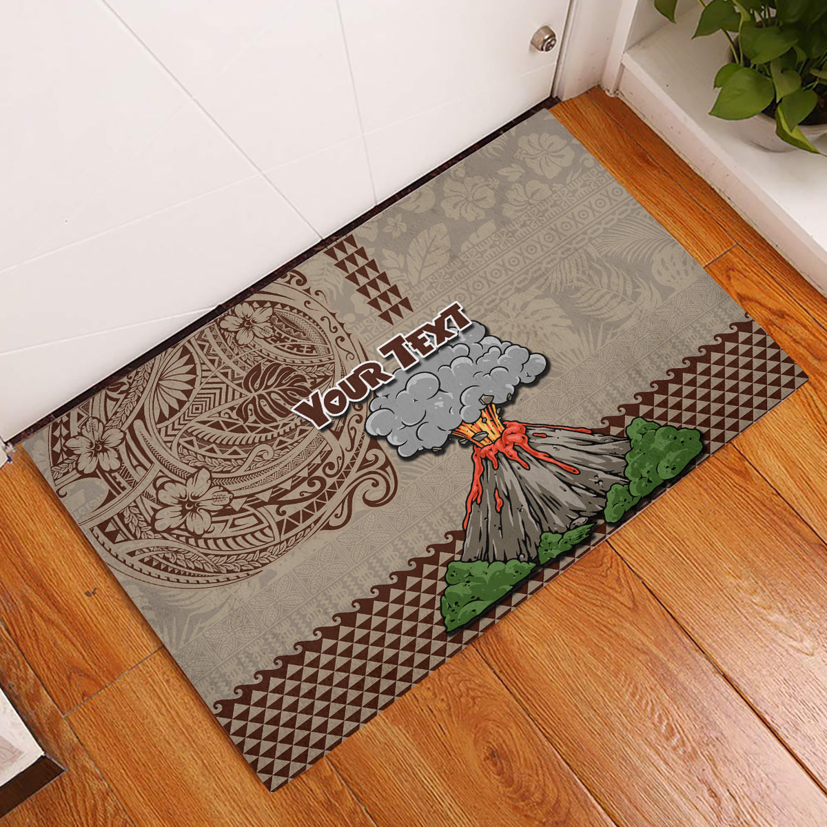 Aloha Volcano Custom Rubber Doormat Mix Hawaiian Kakau Tribal LT03 Beige - Polynesian Pride