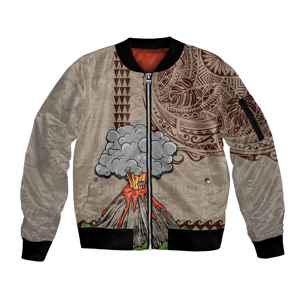 Aloha Volcano Custom Sleeve Zip Bomber Jacket Mix Hawaiian Kakau Tribal LT03 Unisex Beige - Polynesian Pride