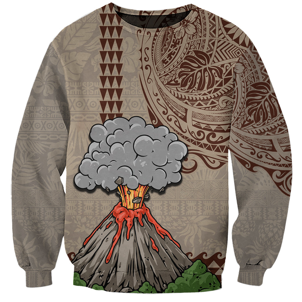 Aloha Volcano Custom Sweatshirt Mix Hawaiian Kakau Tribal LT03 Unisex Beige - Polynesian Pride