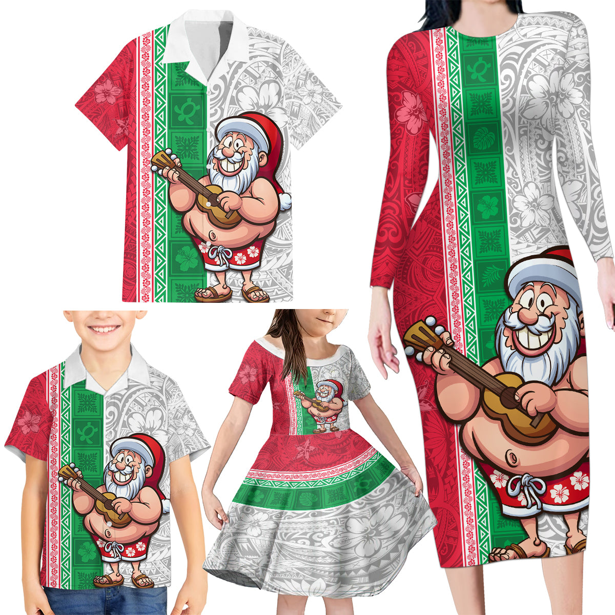 Hawaii Mele Kalikimaka Family Matching Long Sleeve Bodycon Dress and Hawaiian Shirt Santa Playing Ukele Mix Kakau Pattern Xmas Style LT03 - Polynesian Pride