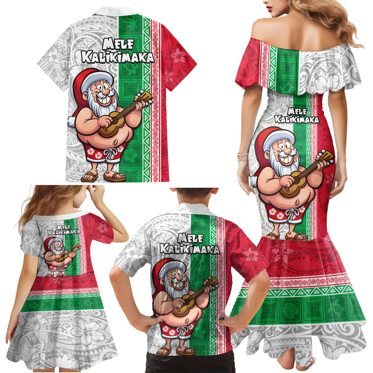 Hawaii Mele Kalikimaka Family Matching Mermaid Dress and Hawaiian Shirt Santa Playing Ukele Mix Kakau Pattern Xmas Style LT03 - Polynesian Pride