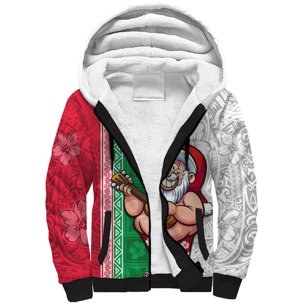 Hawaii Mele Kalikimaka Sherpa Hoodie Santa Playing Ukele Mix Kakau Pattern Xmas Style LT03 Unisex Red - Polynesian Pride