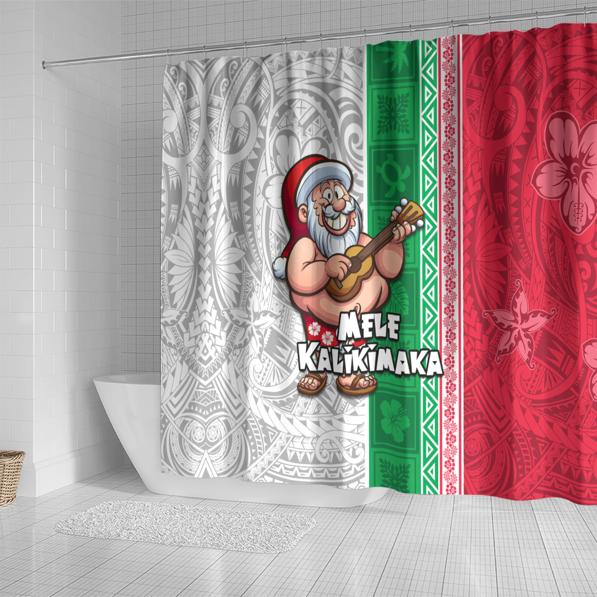 Hawaii Mele Kalikimaka Shower Curtain Santa Playing Ukele Mix Kakau Pattern Xmas Style LT03 - Polynesian Pride