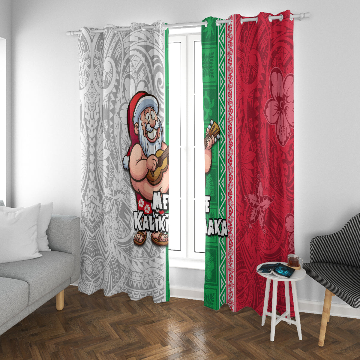 Hawaii Mele Kalikimaka Window Curtain Santa Playing Ukele Mix Kakau Pattern Xmas Style LT03 With Grommets Red - Polynesian Pride
