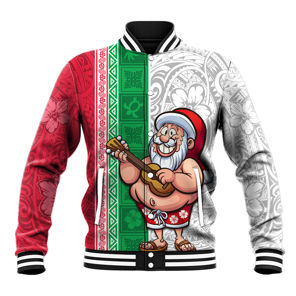 Custom Hawaii Mele Kalikimaka Baseball Jacket Santa Playing Ukele Mix Kakau Pattern Xmas Style LT03 Unisex Red - Polynesian Pride