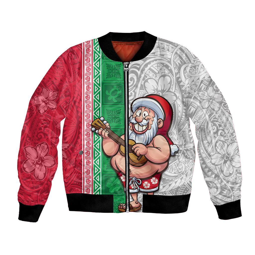 Custom Hawaii Mele Kalikimaka Bomber Jacket Santa Playing Ukele Mix Kakau Pattern Xmas Style LT03 Unisex Red - Polynesian Pride