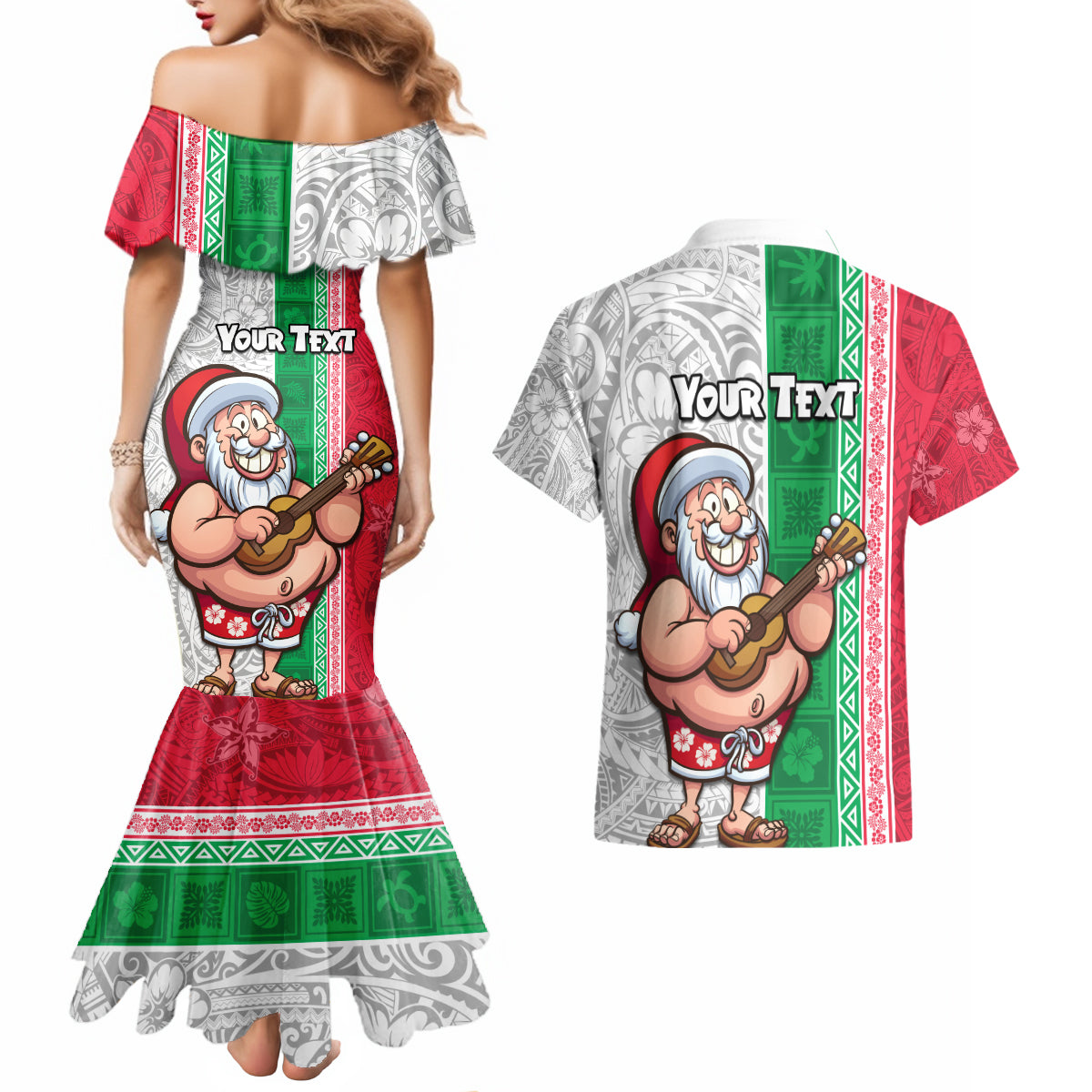 Custom Hawaii Mele Kalikimaka Couples Matching Mermaid Dress and Hawaiian Shirt Santa Playing Ukele Mix Kakau Pattern Xmas Style LT03 - Polynesian Pride