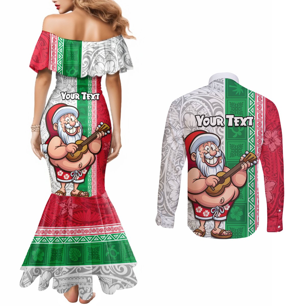 Custom Hawaii Mele Kalikimaka Couples Matching Mermaid Dress and Long Sleeve Button Shirt Santa Playing Ukele Mix Kakau Pattern Xmas Style LT03 - Polynesian Pride