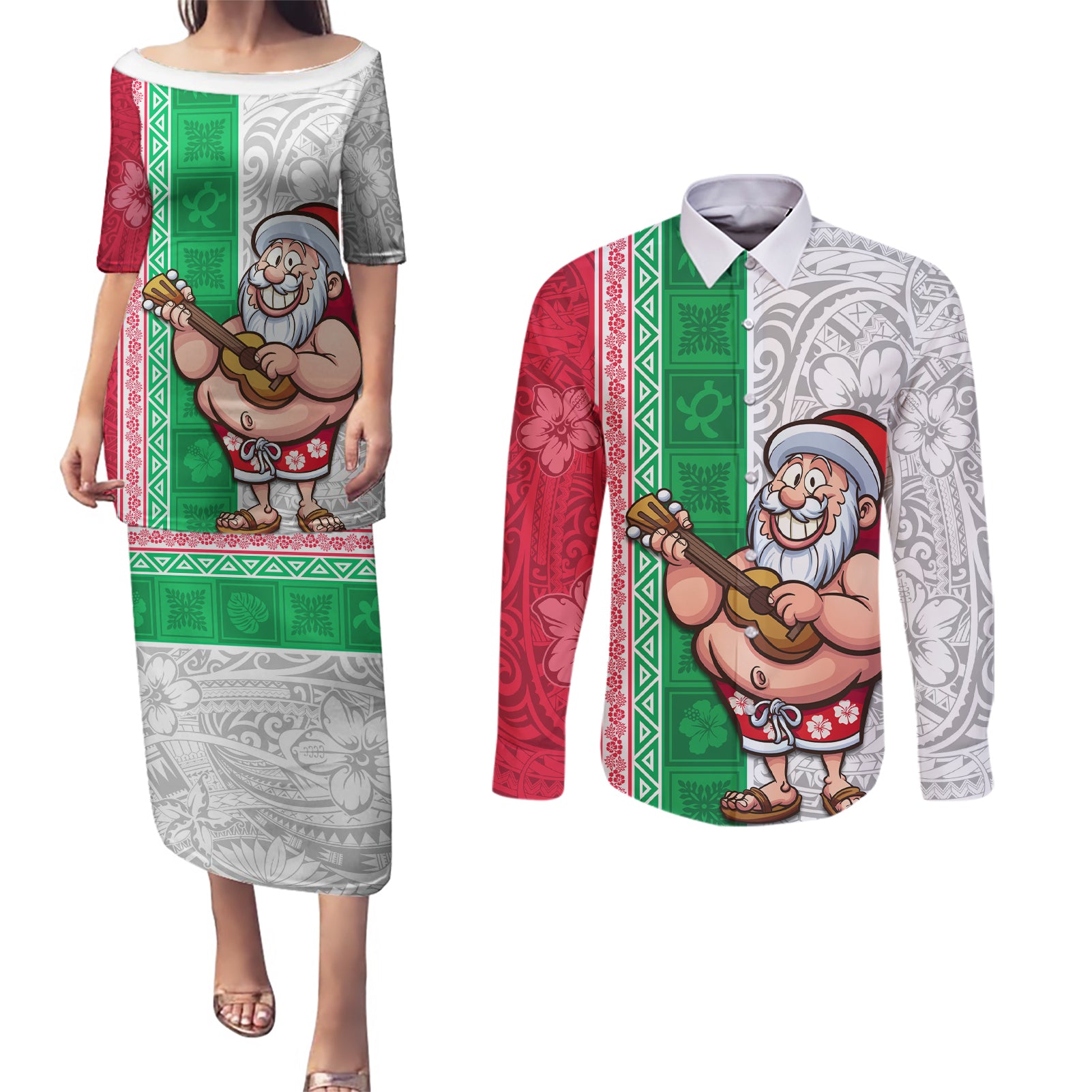 Custom Hawaii Mele Kalikimaka Couples Matching Puletasi Dress and Long Sleeve Button Shirt Santa Playing Ukele Mix Kakau Pattern Xmas Style LT03 Red - Polynesian Pride