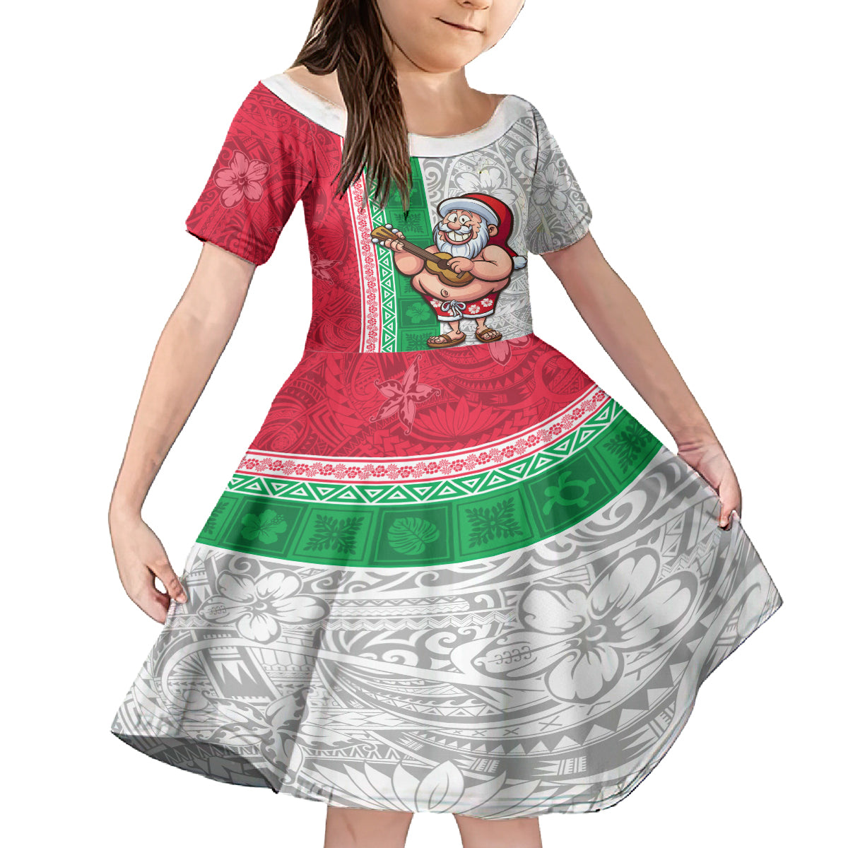 Custom Hawaii Mele Kalikimaka Family Matching Long Sleeve Bodycon Dress and Hawaiian Shirt Santa Playing Ukele Mix Kakau Pattern Xmas Style LT03 Daughter's Dress Red - Polynesian Pride