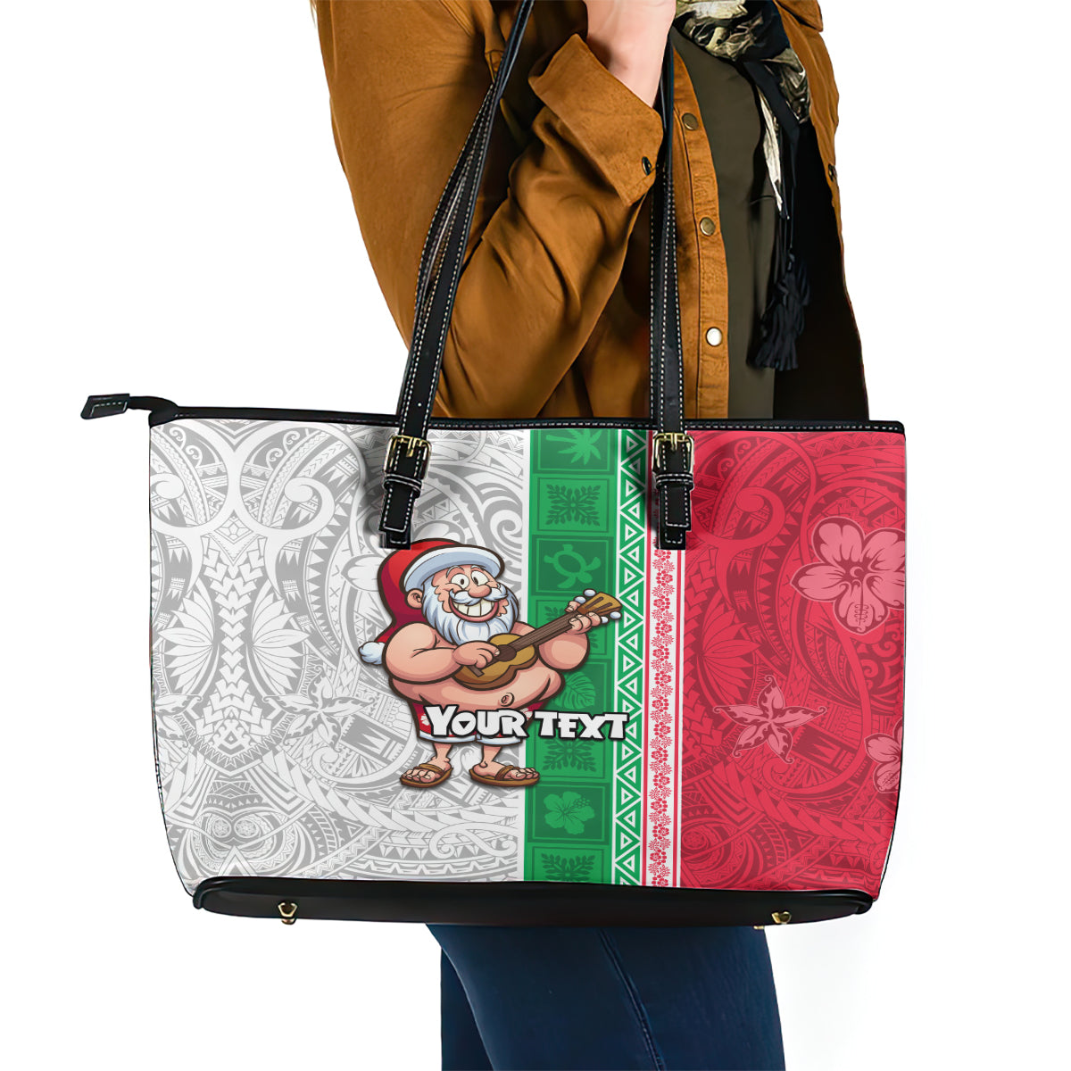 Custom Hawaii Mele Kalikimaka Leather Tote Bag Santa Playing Ukele Mix Kakau Pattern Xmas Style LT03 - Polynesian Pride