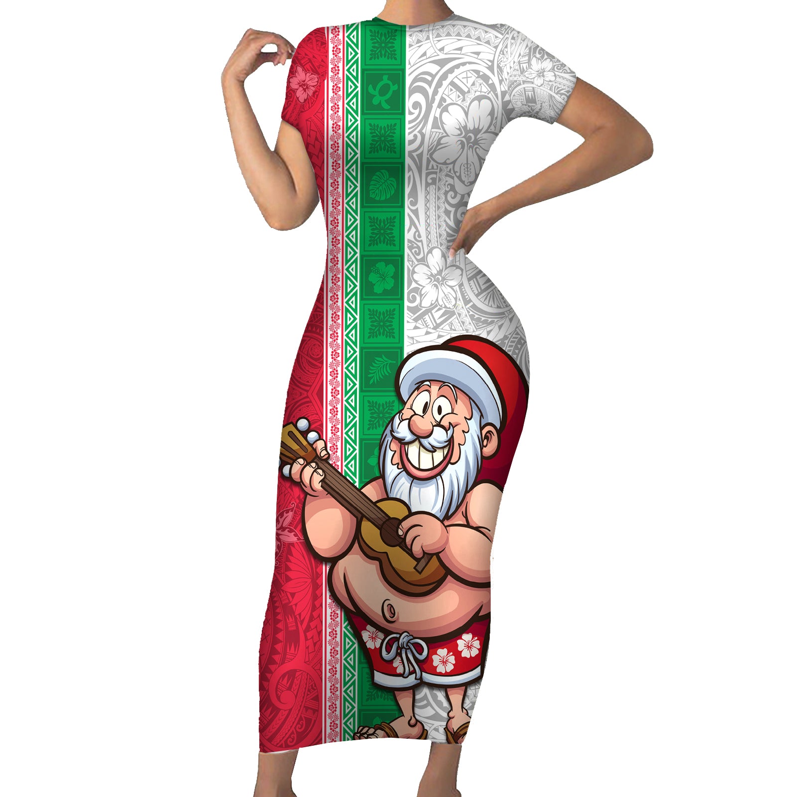 Custom Hawaii Mele Kalikimaka Short Sleeve Bodycon Dress Santa Playing Ukele Mix Kakau Pattern Xmas Style LT03 Long Dress Red - Polynesian Pride