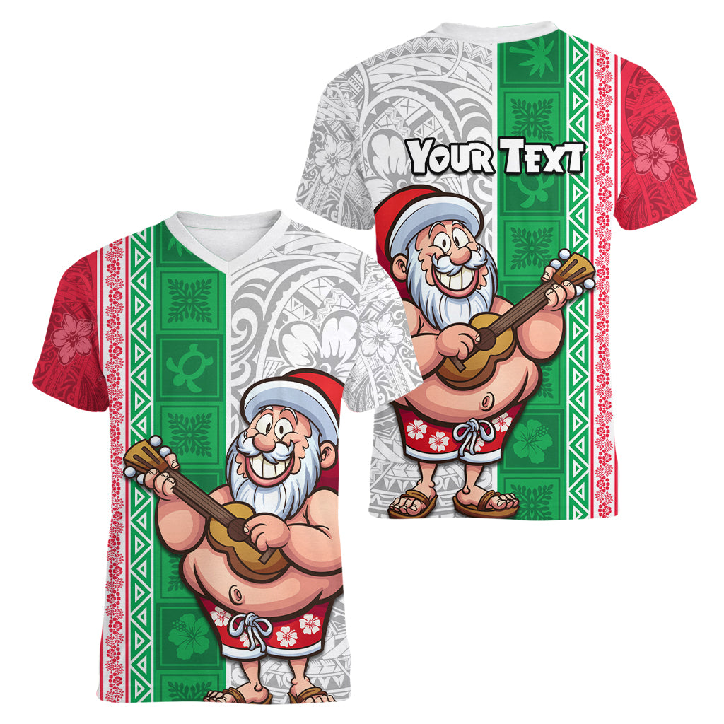 Custom Hawaii Mele Kalikimaka Women V Neck T Shirt Santa Playing Ukele Mix Kakau Pattern Xmas Style LT03 - Polynesian Pride
