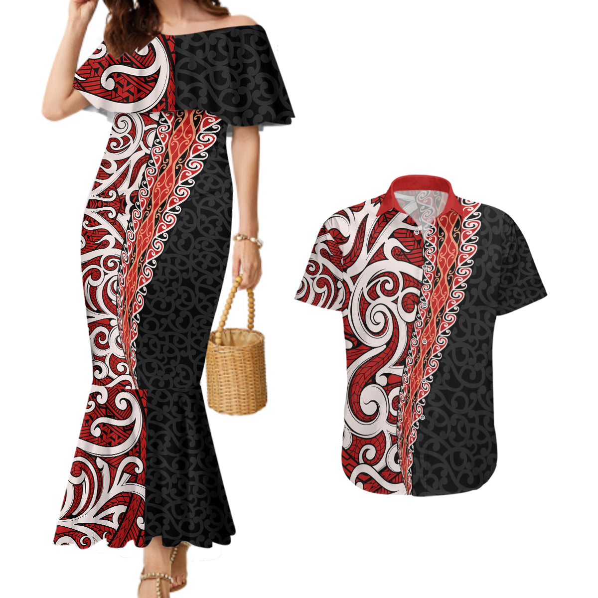 New Zealand Maori Stylized Koru Couples Matching Mermaid Dress and Hawaiian Shirt LT03 Red - Polynesian Pride
