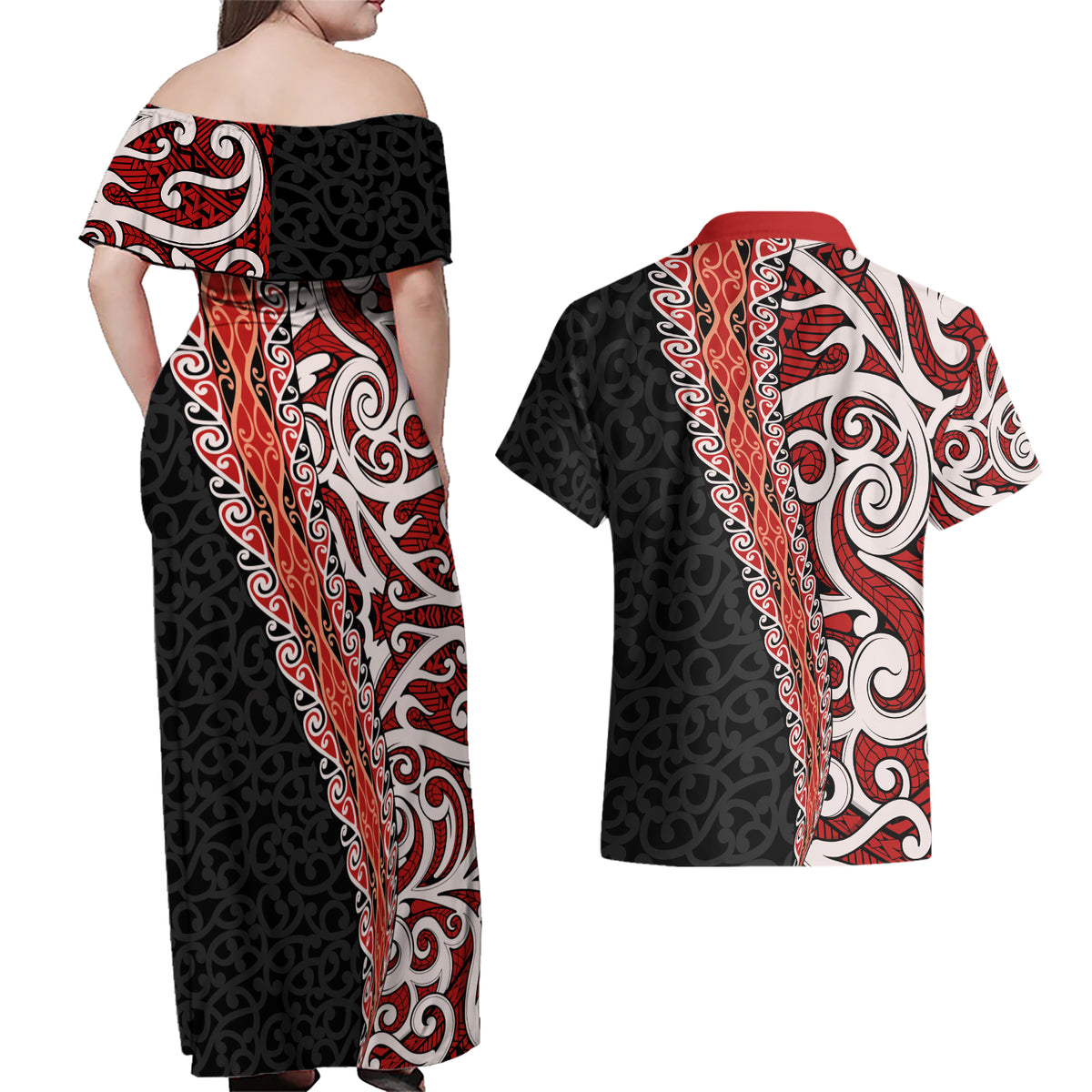 New Zealand Maori Stylized Koru Couples Matching Off Shoulder Maxi Dress and Hawaiian Shirt LT03 - Polynesian Pride