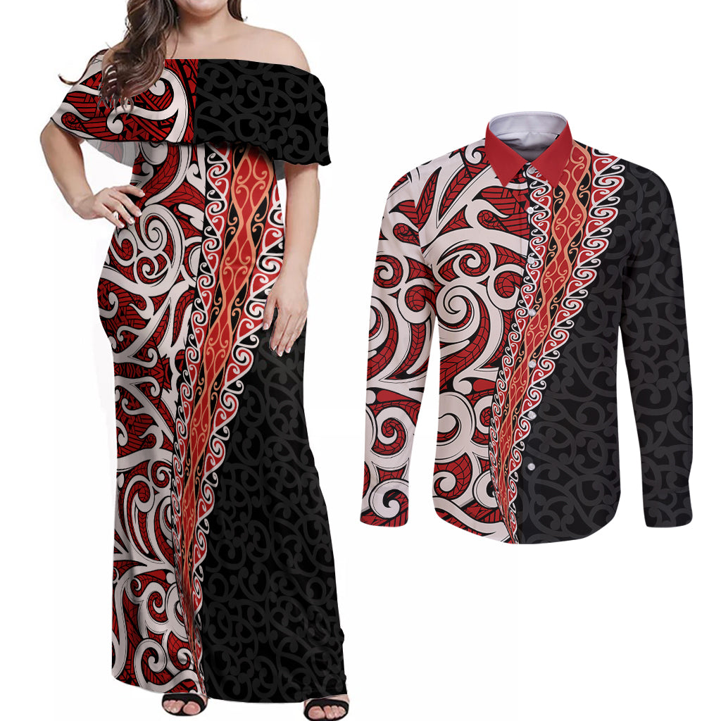 New Zealand Maori Stylized Koru Couples Matching Off Shoulder Maxi Dress and Long Sleeve Button Shirt LT03 Red - Polynesian Pride