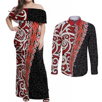 New Zealand Maori Stylized Koru Couples Matching Off Shoulder Maxi Dress and Long Sleeve Button Shirt LT03 Red - Polynesian Pride