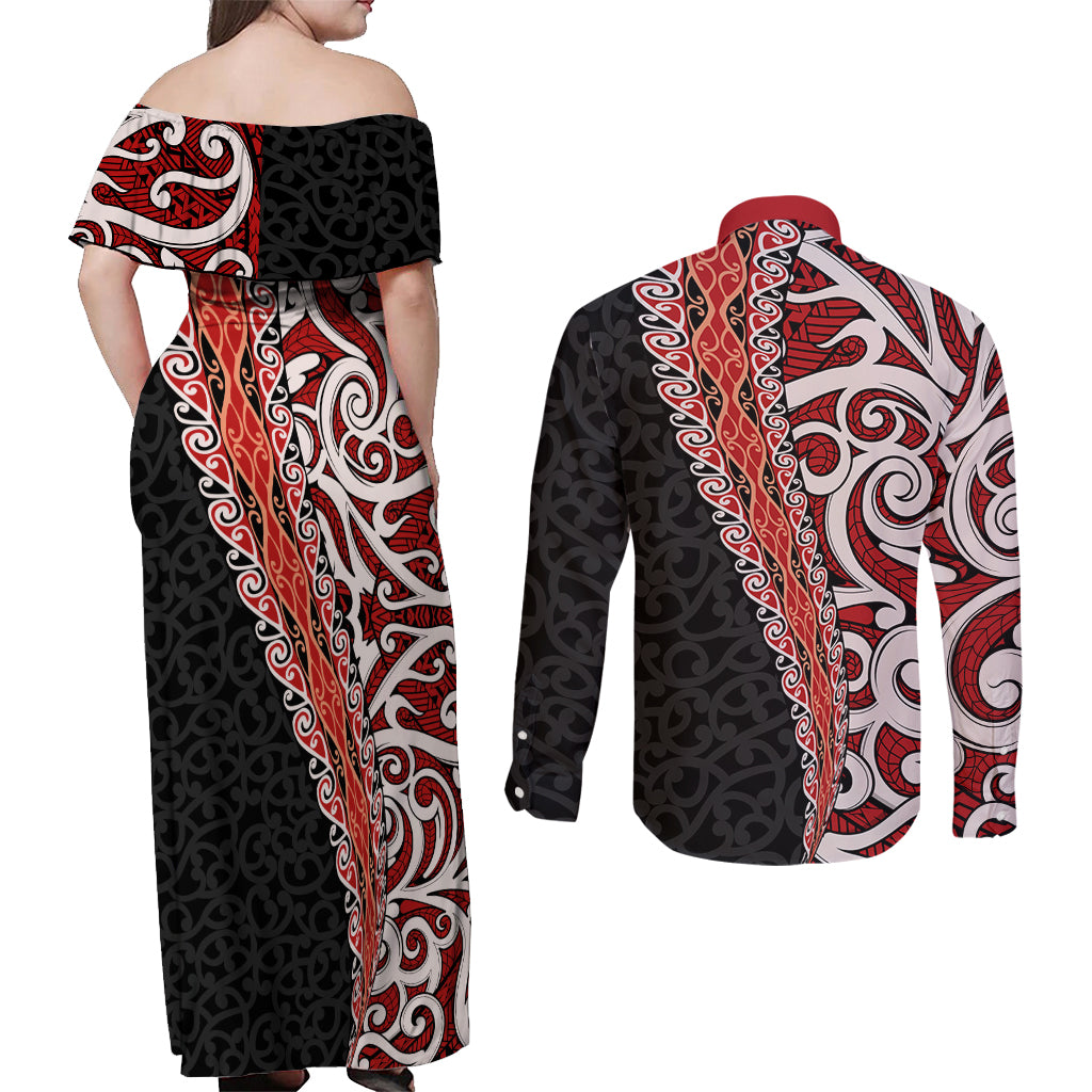 New Zealand Maori Stylized Koru Couples Matching Off Shoulder Maxi Dress and Long Sleeve Button Shirt LT03 - Polynesian Pride