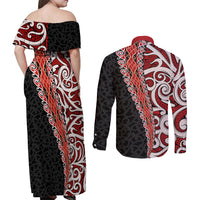 New Zealand Maori Stylized Koru Couples Matching Off Shoulder Maxi Dress and Long Sleeve Button Shirt LT03 - Polynesian Pride
