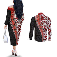 New Zealand Maori Stylized Koru Couples Matching Off The Shoulder Long Sleeve Dress and Long Sleeve Button Shirt LT03 - Polynesian Pride