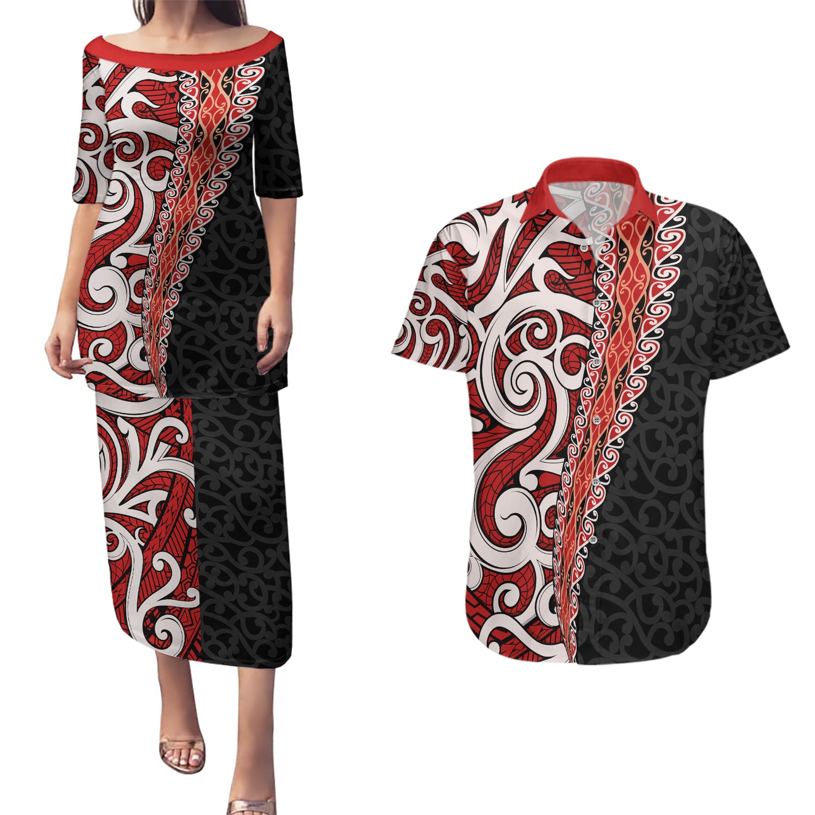 New Zealand Maori Stylized Koru Couples Matching Puletasi and Hawaiian Shirt LT03 Red - Polynesian Pride