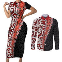 New Zealand Maori Stylized Koru Couples Matching Short Sleeve Bodycon Dress and Long Sleeve Button Shirt LT03 Red - Polynesian Pride