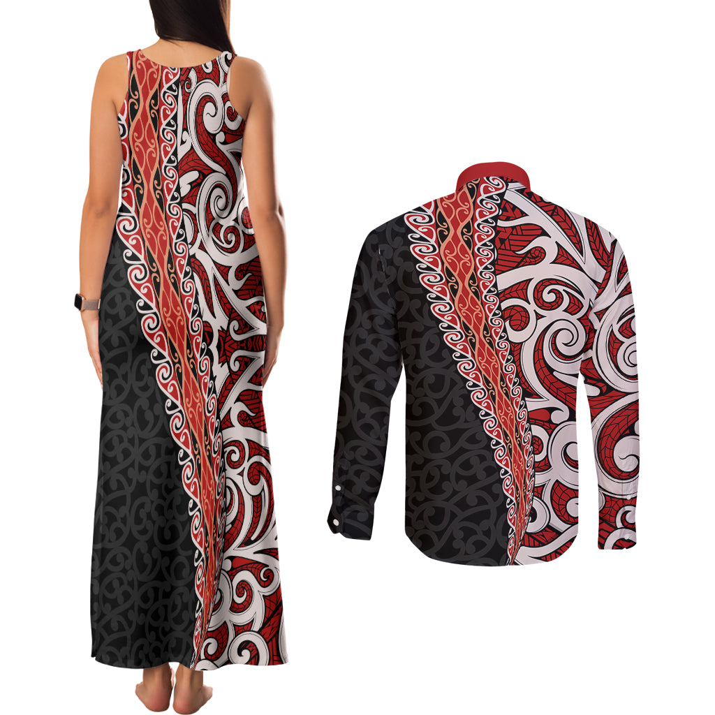 New Zealand Maori Stylized Koru Couples Matching Tank Maxi Dress and Long Sleeve Button Shirt LT03 - Polynesian Pride