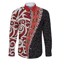 New Zealand Maori Stylized Koru Family Matching Off Shoulder Short Dress and Hawaiian Shirt LT03 Dad's Shirt - Long Sleeve Red - Polynesian Pride
