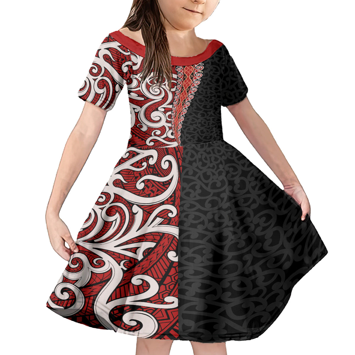 New Zealand Maori Stylized Koru Family Matching Puletasi and Hawaiian Shirt LT03 Daughter's Dress Red - Polynesian Pride